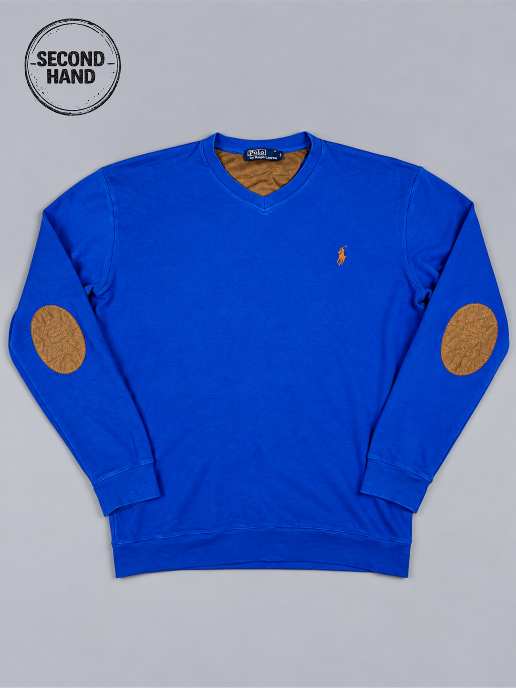 Polo Ralph Lauren Pullover mit V-Ausschnitt in Blau und Ellbogenpatches L - second hand