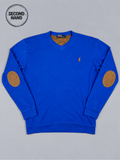 Polo Ralph Lauren Pullover mit V-Ausschnitt in Blau und Ellbogenpatches L - second hand