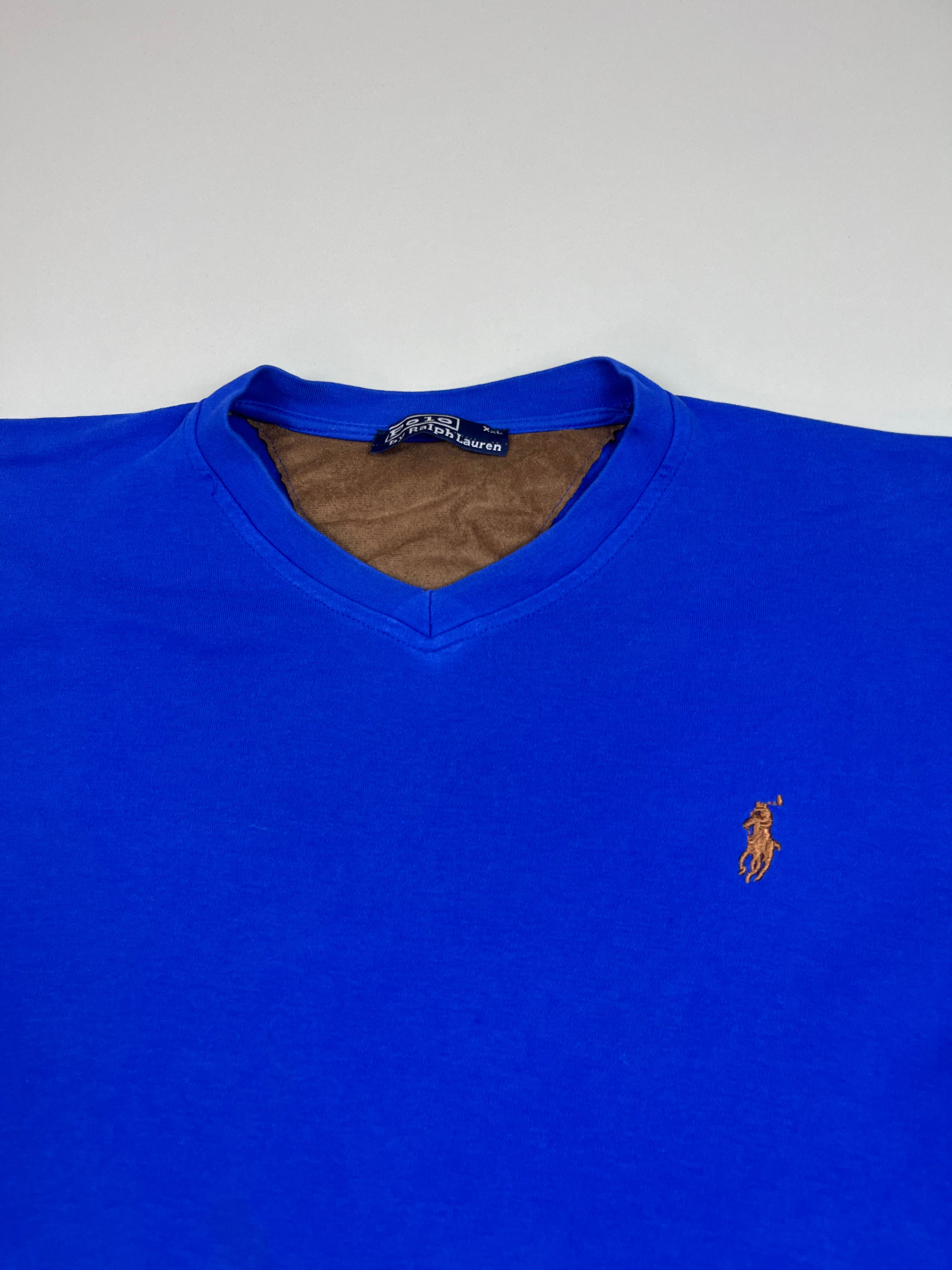 Polo Ralph Lauren Pullover mit V-Ausschnitt in Blau und Ellbogenpatches L - second hand