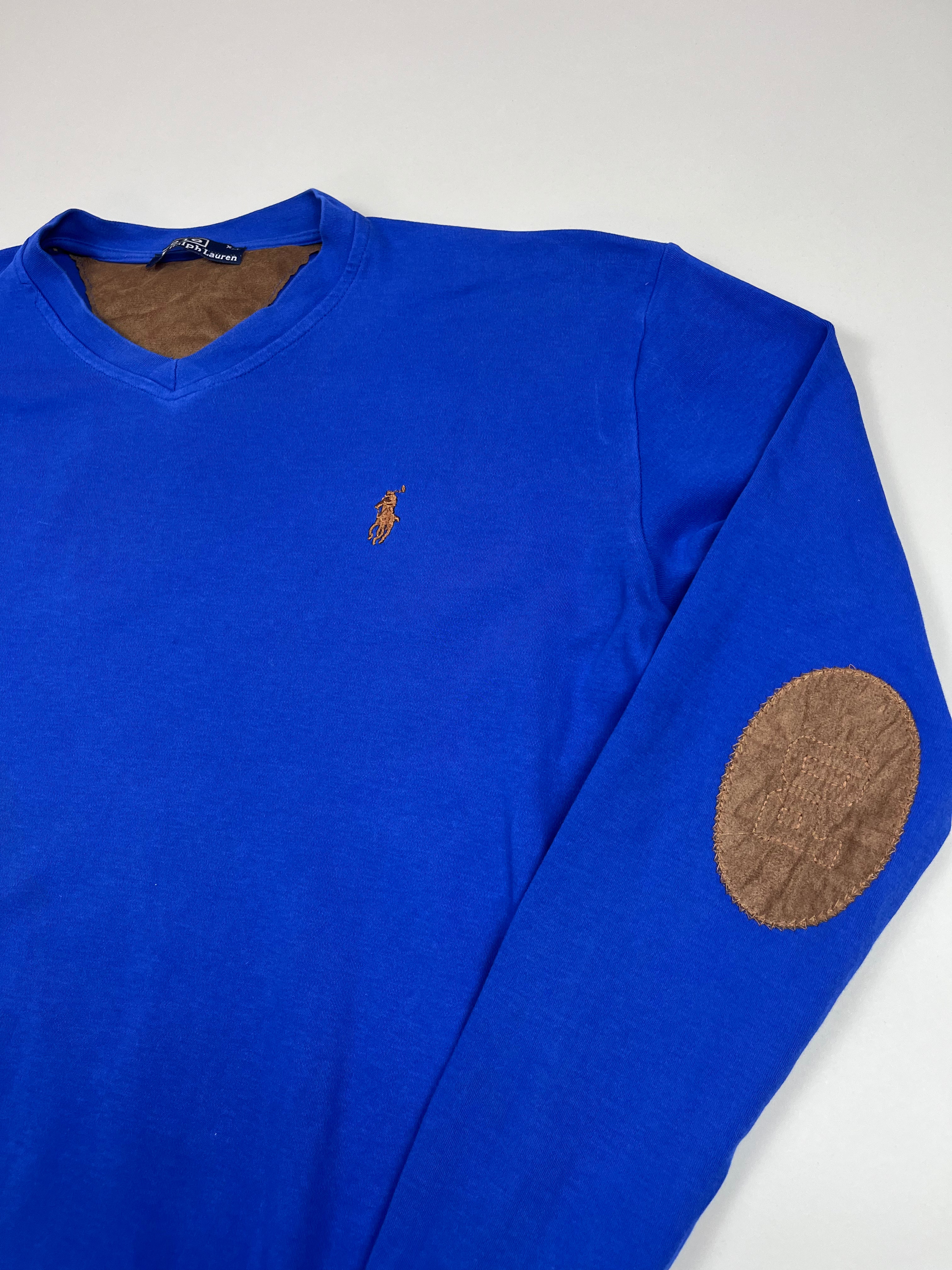 Polo Ralph Lauren Pullover mit V-Ausschnitt in Blau und Ellbogenpatches L - second hand