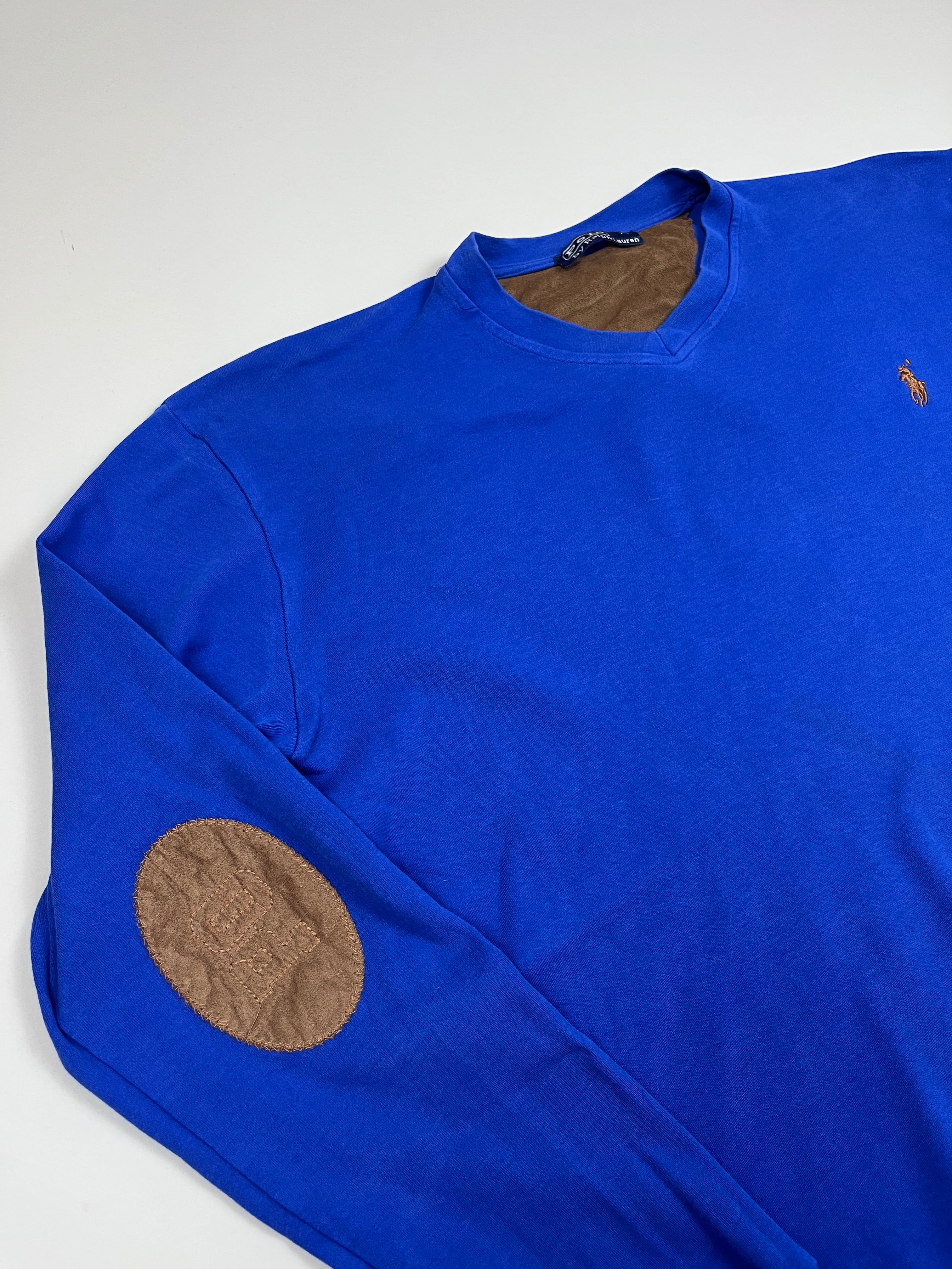 Polo Ralph Lauren Pullover mit V-Ausschnitt in Blau und Ellbogenpatches L - second hand